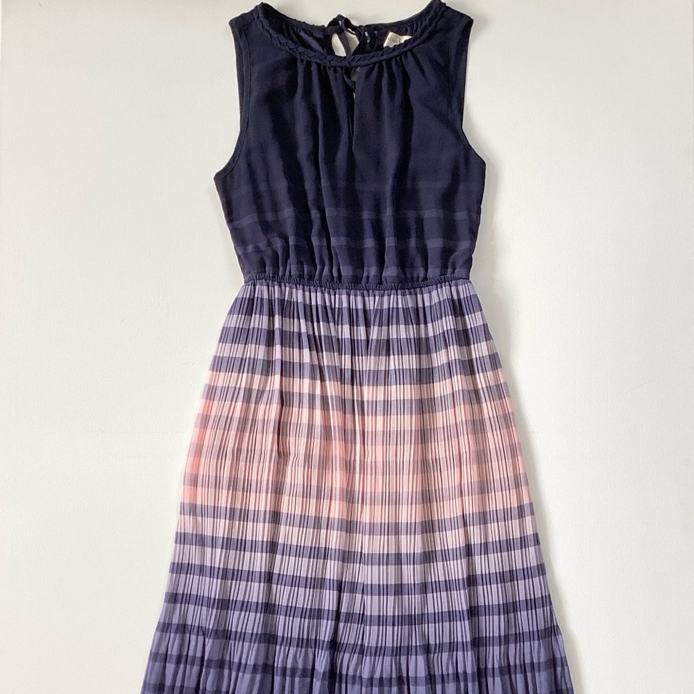 Maison Jules Navy and Pink Striped Pleated Dress